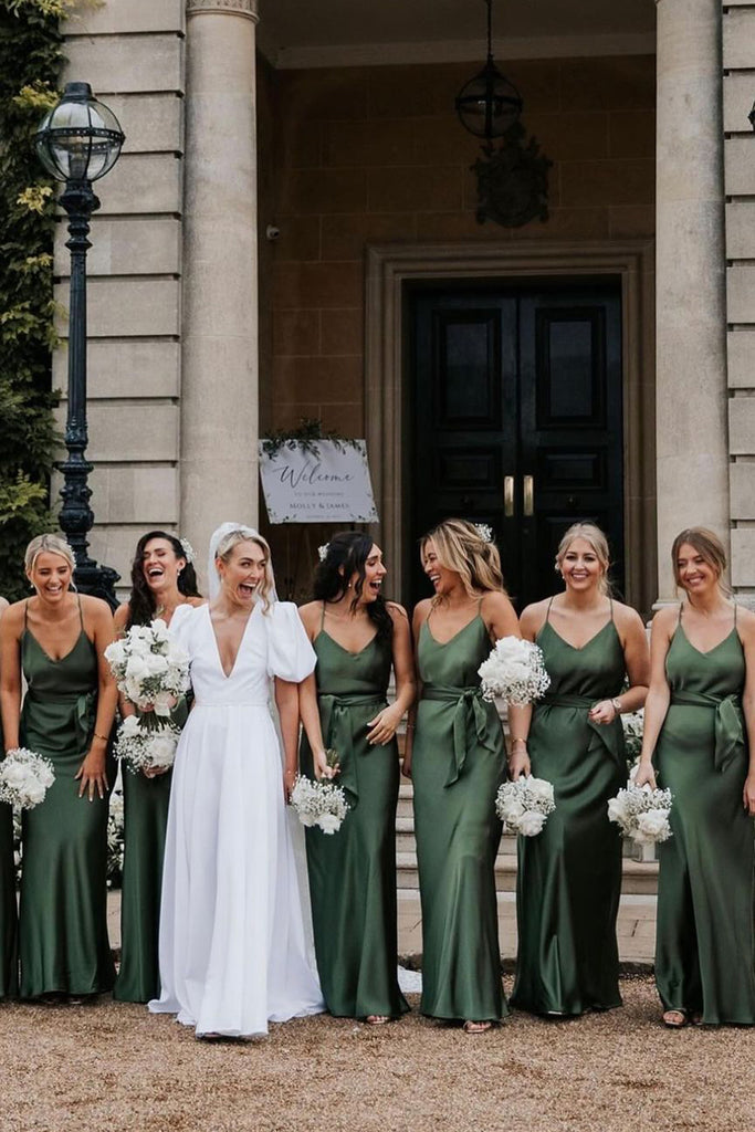 Sheath V Neck Green Silk Satin Bridesmaid Dresses with Belt MD120404 Dressmeet Sheath V Neck Green Silk Satin Bridesmaid Dresses with Belt MD120404 Dressmeet
