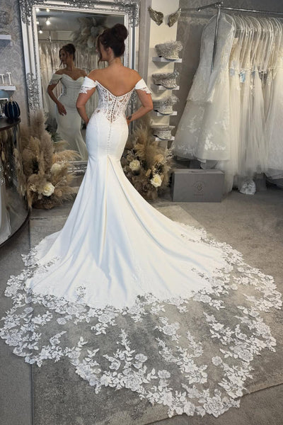 Mermaid Off the Shoulder Elastic Satin Wedding Dress with Appliques DM52112708