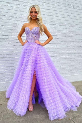 A-Line Sweetheart Ruffle Tiered Tulle Long Prom Dress MD4021504