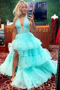 Ball Gown Halter Tiered Tulle Long Prom Dress MD4020705