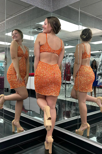 Orange Sequins V Neck Tight Short Homecoming Dresses DM24080502