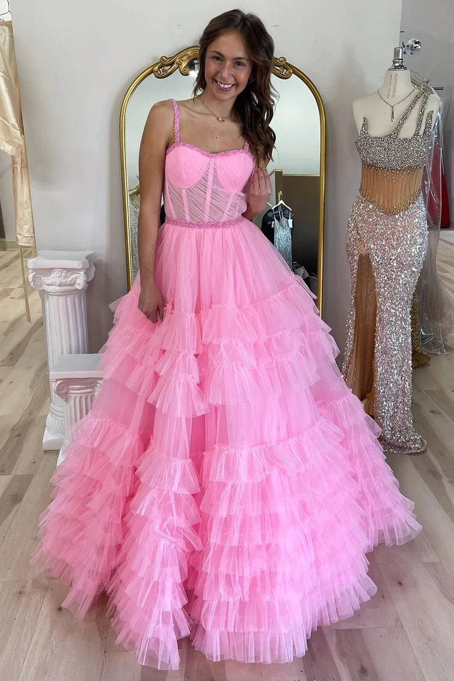 Tiered Ruffle Sweetheart Beaded Long Prom Dress MD4040902