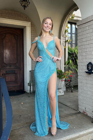 Mermaid Spaghetti Straps Sequins Long Prom Dress with Slit MD4051904