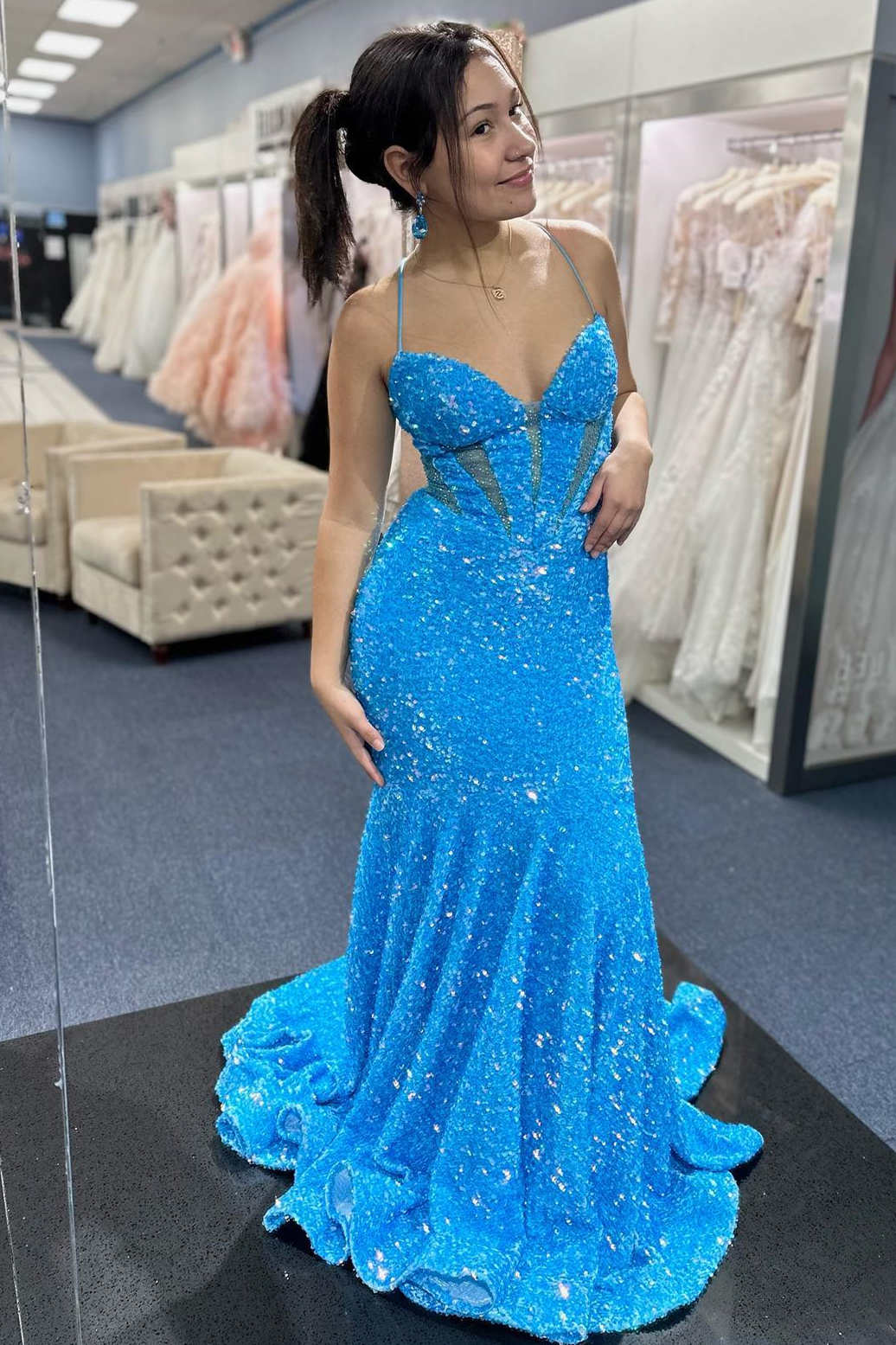 Blue Sequin Mermaid Lace-up Long Prom Dress MD121907