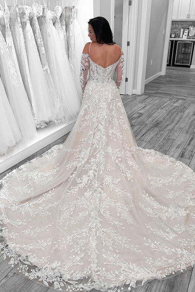 Dazzling A-Line Cold Shoulder Lace Wedding Dress with Appliques DM4070709