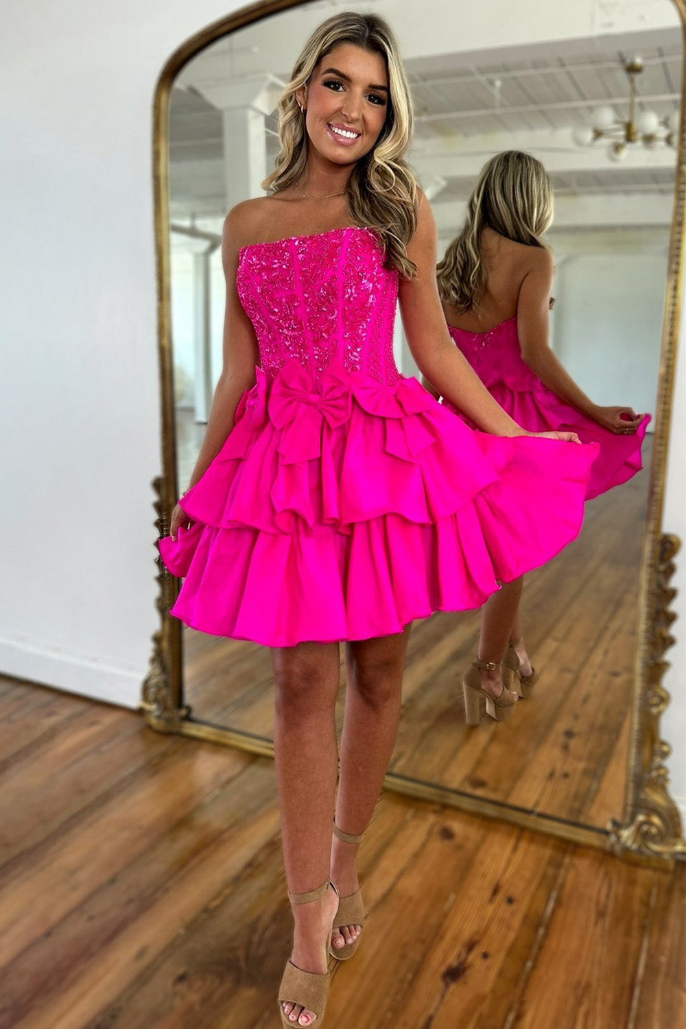 Fuchsia Strapless Ruffle Tiered Short Homecoming Dresses with Bow DM24072405