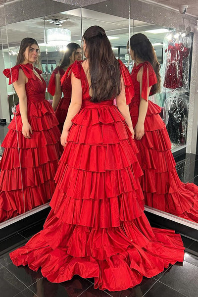 Cute A-Line V Neck Red Ruffle Tiered Satin Long Prom Dress MD4022302