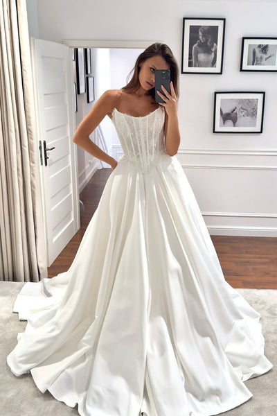 Gorgeous Ball Gown Strapless Satin Long Wedding Dresses DM24062708