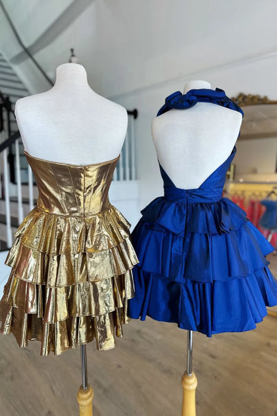 A-Line Halter Royal Blue Tiered Satin Short Homecoming Dresses with Ruffles DM24081001