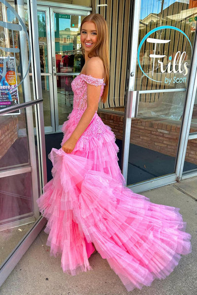 Pink Off the Shoulder Ruffle Tulle Long Prom Dresses MD4011205