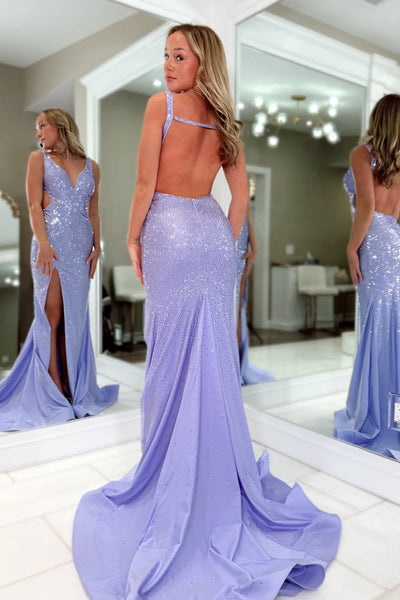 Mermaid V Neck Lavender Satin Long Prom Dress with Beading DM16021301