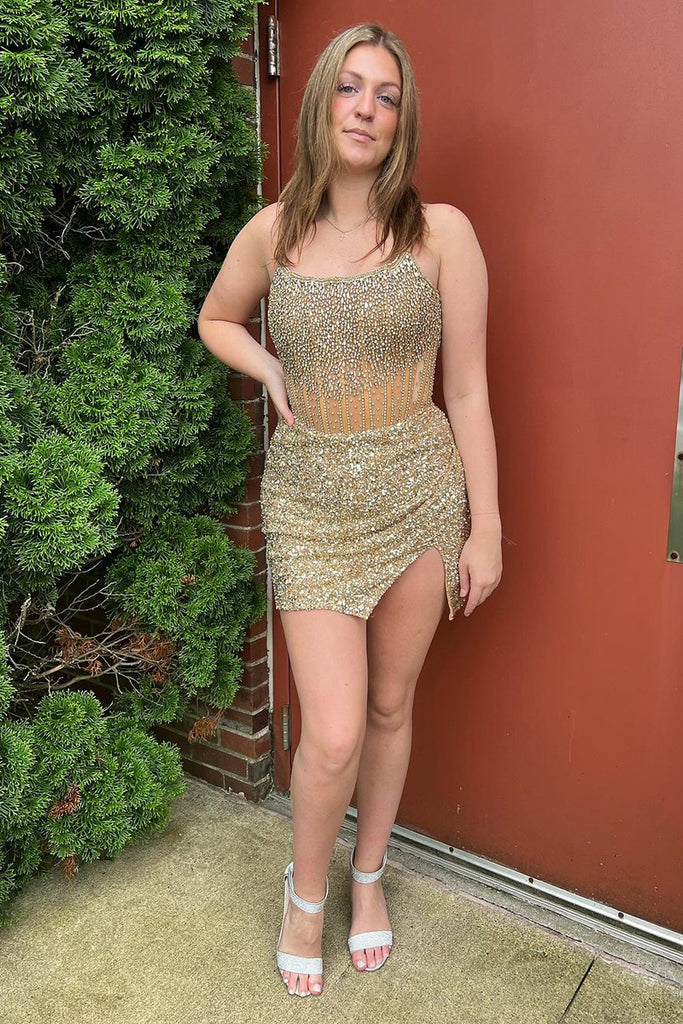 Exquisite Bodycon Strapless Gold Sequins Short Homecoming Dresses with Dressmeet Exquisite Bodycon Strapless Gold Sequins Short Homecoming Dresses with Dressmeet