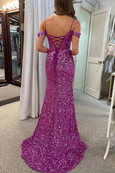 Magenta Cold Shoulder Sequin Lace Mermaid Long Prom Dress MD4010911