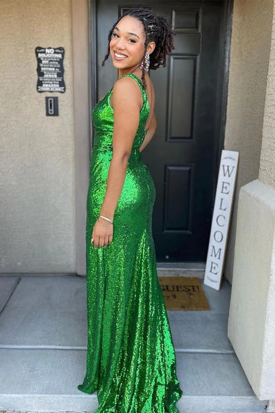 Green Sequin Square Neck Mermaid Long Prom Dress with Slit MD121203