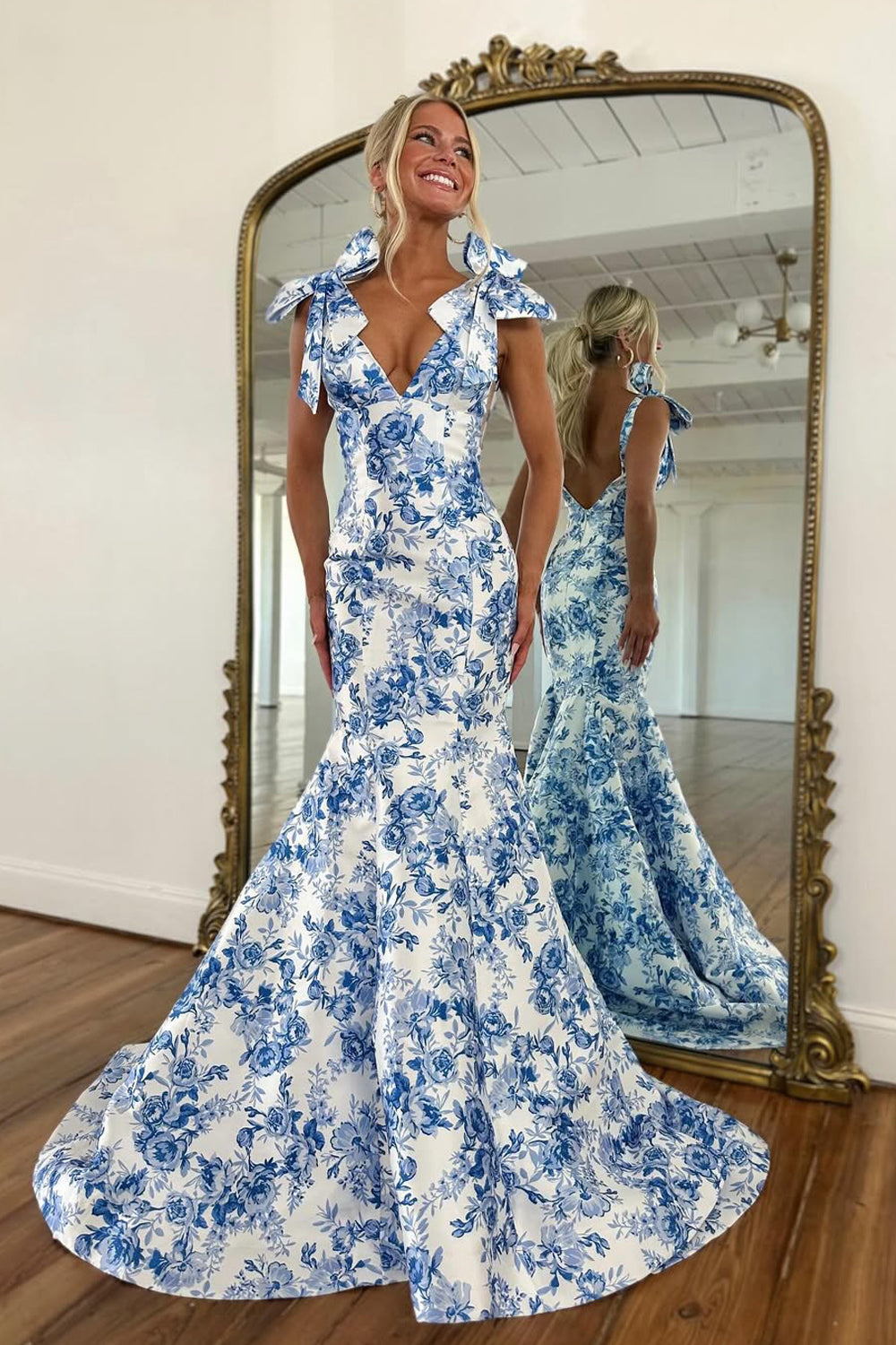 Gorgeous Mermaid V Neck Flower Print Satin Prom Dress DM1111207