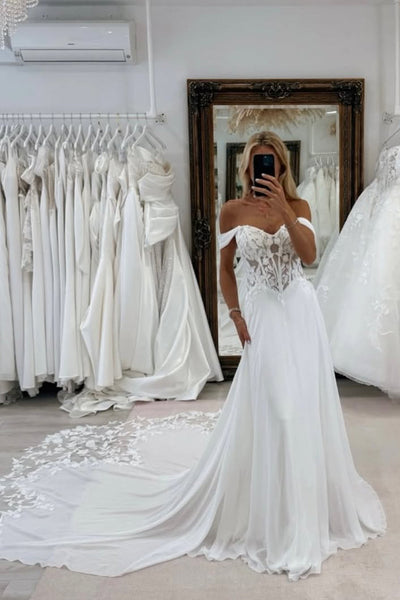 A Line Off the Shoulder Chiffon Wedding Dress with Appliques DM26011308