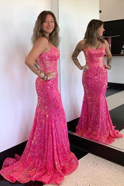 Cute Scoop Neck Fuchsia Sequins Mermaid Long Prom Dress MD4032504