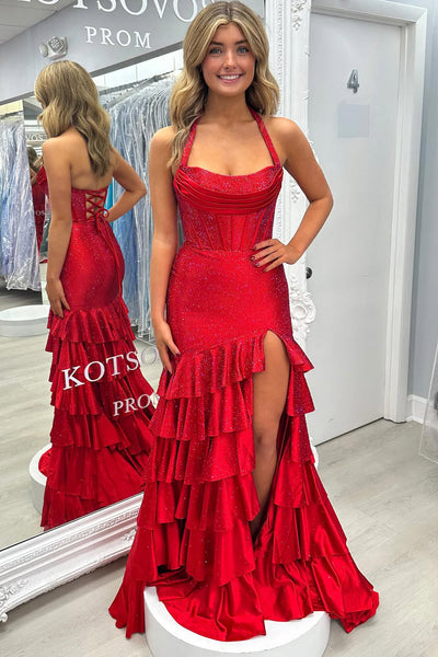 Sparkly Mermaid Scoop Neck Red Tiered Satin Prom Dress with Hot Stone DM1111202