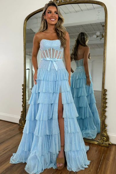 Cute A Line Strapless Light Blue Hot Fix Chiffon Tiered Prom Dress DM26011505