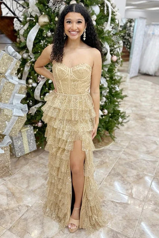 Gold Tulle Sequin Corset Ruffle Tiered Long Dress with Slit MD122808