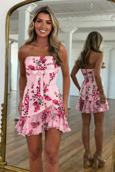 Sheath Strapless White Blue Floral Satin Short Homecoming Dress DM12060902