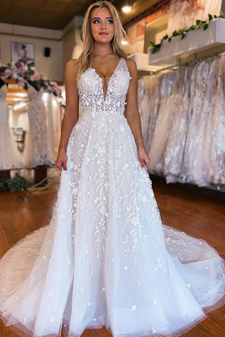 Gorgeous A Line V Neck Tulle Wedding Dresses with Appliques DM24102907