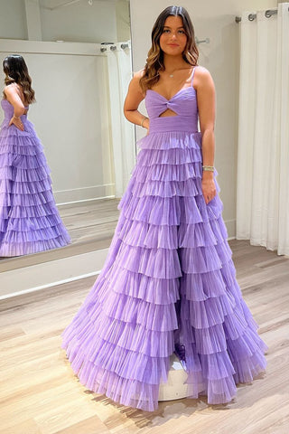 Lilac Sweetheart Keyhole Ruffle Tiered Tulle Long Prom Dress MD4022001