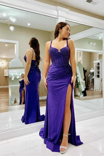 Mermaid Purple Satin Long Prom Dresses with Beads MD4010306