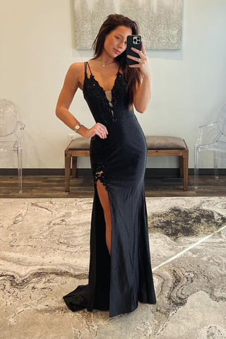 Mermaid V Neck Black Satin Beaded Long Prom Dresses MD4022201