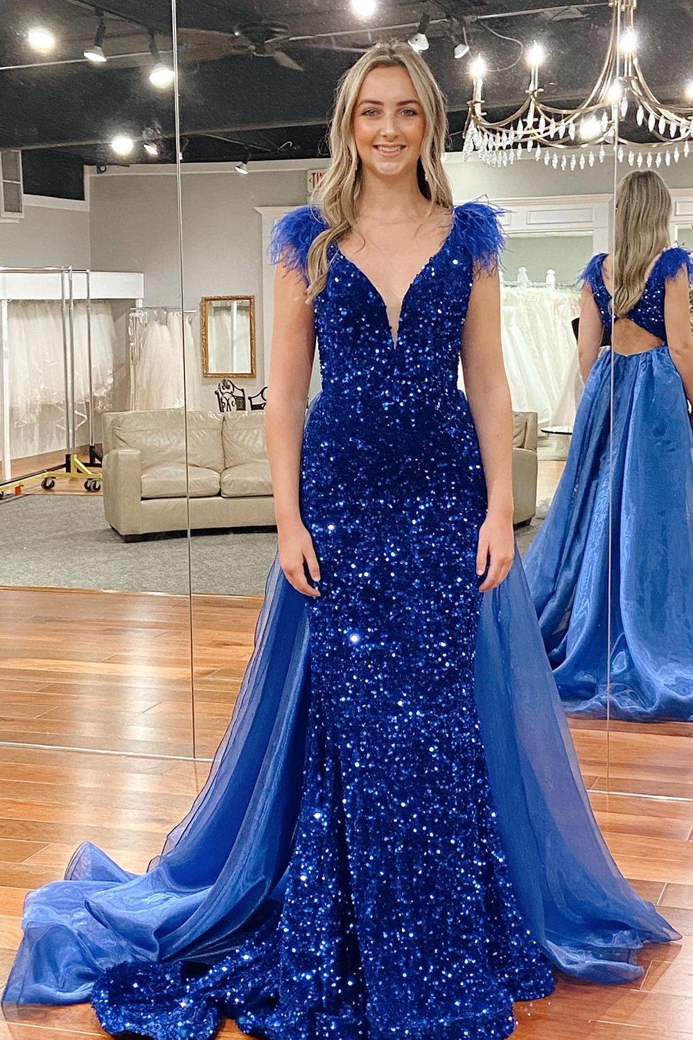 Sparkly Royal Blue Cut Out Mermaid Sequins Prom Dress with Feathers MD4012302