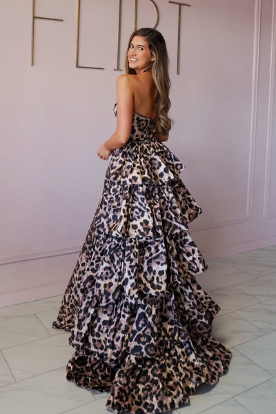Gorgeous A Line Strapless Leopard Chiffon Tiered Prom Dress DM52121507