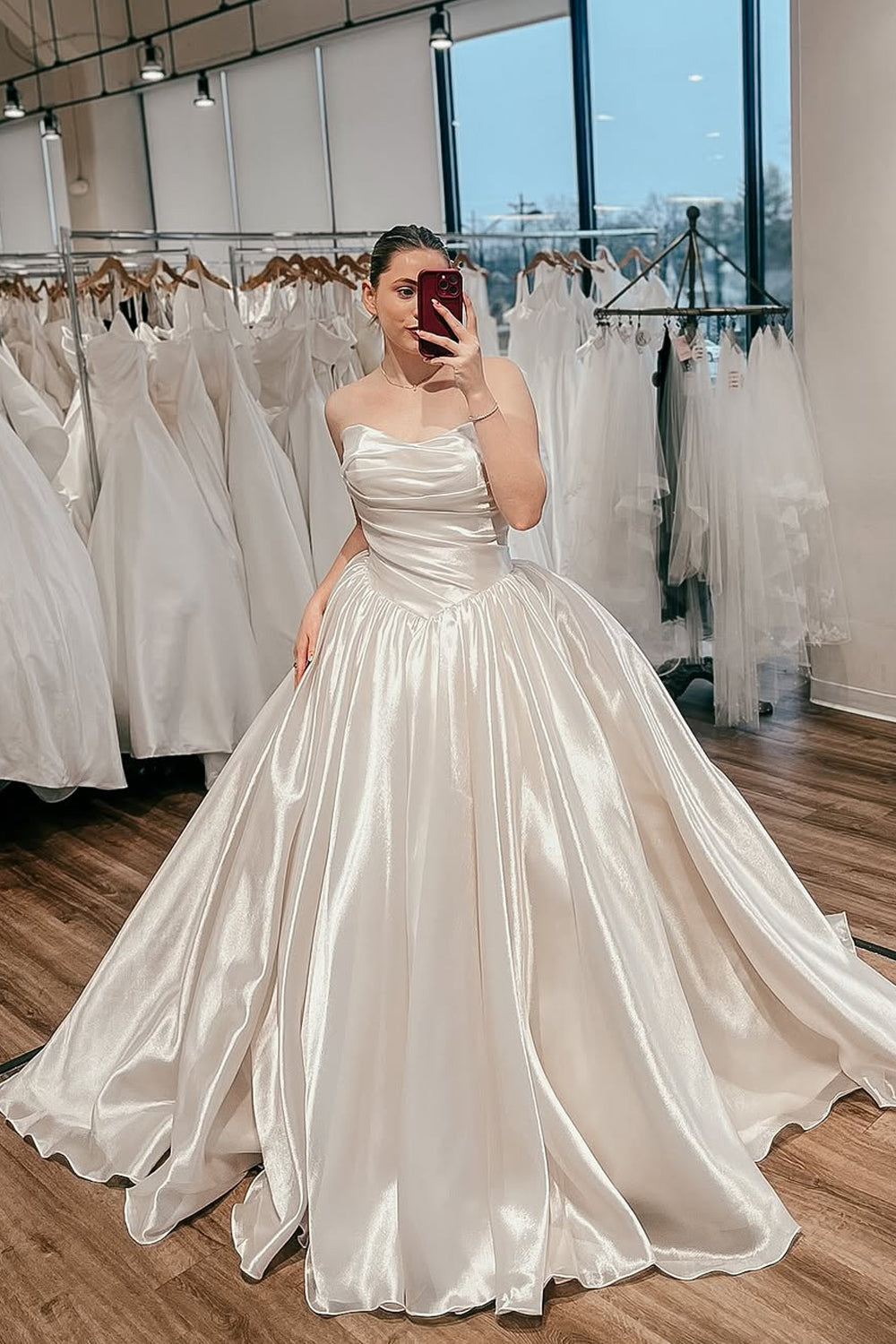 organza and satin wedding dress Organza bridal gown with layered off-shoulder detail