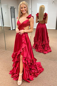 Red Cutout Ruffle A-Line Long Prom Dress with Slit MD112502