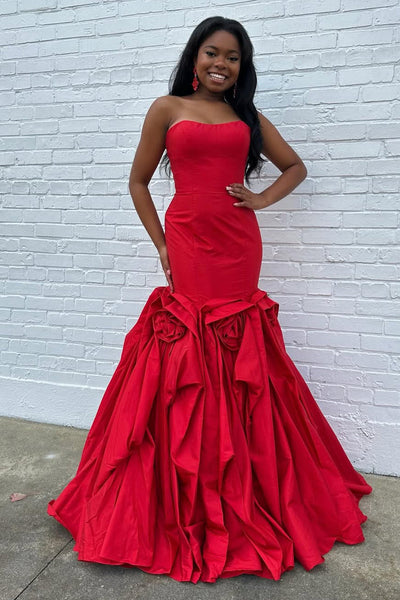 Mermaid Strapless Red Satin Long Prom Dress with Slit DM26011511