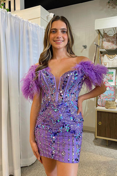 Cute Sparkly Bodycon Off the Shoulder Lavender Sequins Short Homecoming Dress with Feather MD090705