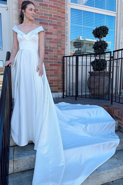 White V Neck High-Waist A-Line Long Wedding Dress MD120305