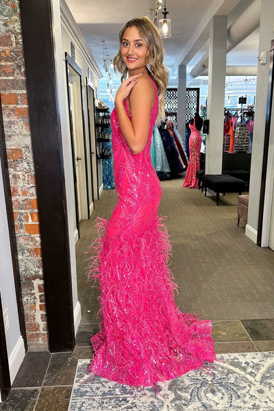 Mermaid V Neck Fuchsia Sequins Long Prom Dress with Feather MD4050905