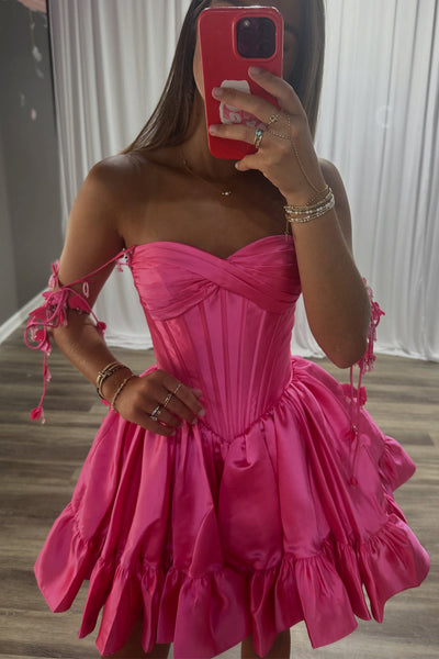 A Line V Sweetheart Hot Pink Satin Homecoming Dress DM12070508