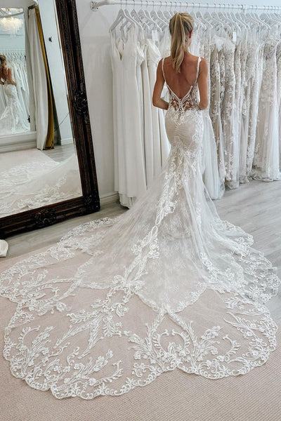 Exquisite Mermaid V Neck Lace Wedding Dresses with Appliques DM24062905