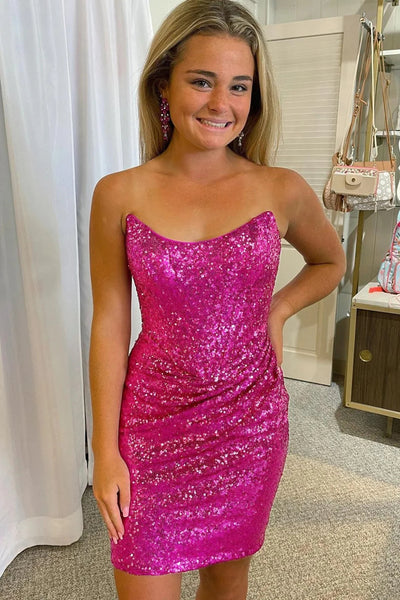 Fuchsia Detachable Off the Shoulder Sequins Tight Homecoming Dress LD3062302