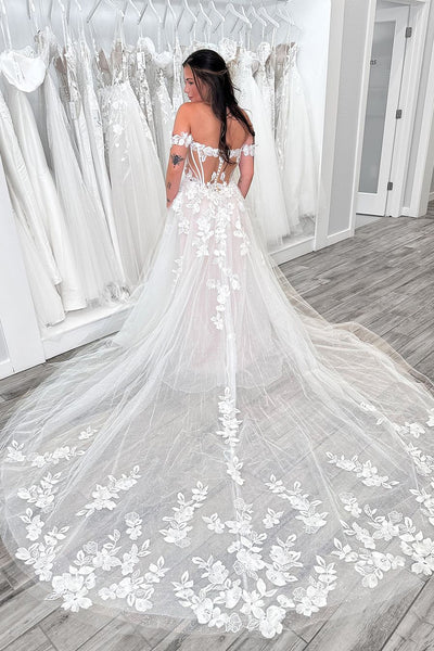 Attractive Off the Shoulder Glitter Tulle Tulle Wedding Dresses with Appliques MD4062510