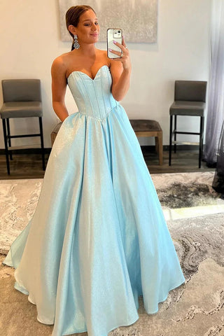 A-Line Sweetheart Strapless Blue Long Prom Dress MD100701