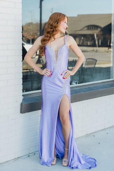 Mermaid V Neck Lilac Satin Beads Long Prom Dresses with Slit DM16021510