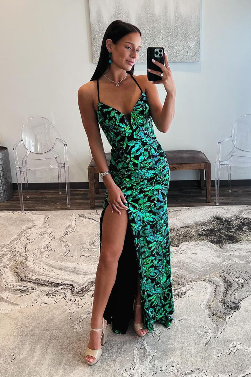 Green V Neck Sequins Lace Mermaid Long Prom Dress with Slit AB4063005