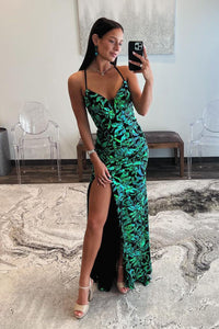 Green V Neck Sequins Lace Mermaid Long Prom Dress with Slit AB4063005