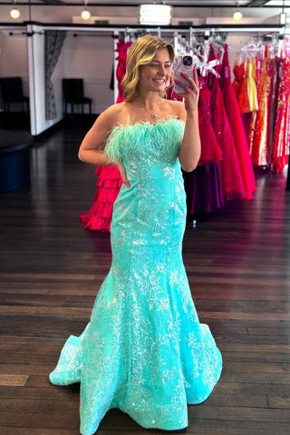 Mermaid Strapless Mint Sequins Long Prom Dress with Feather MD4050405