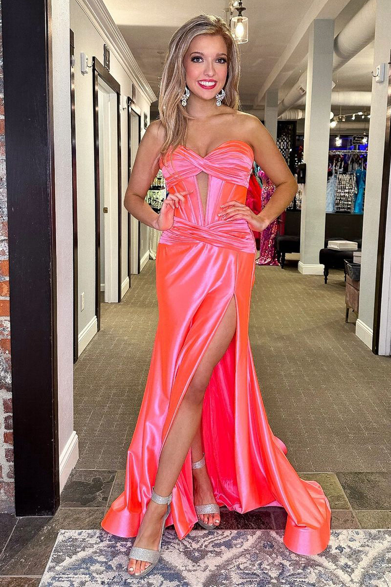 Pink Sweetheart Satin Mermaid Long Prom Dresses with Slit MD4013004