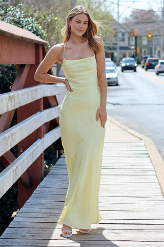 Yellow Cowl Neck Satin Mermaid Long Prom Dress MD4042703