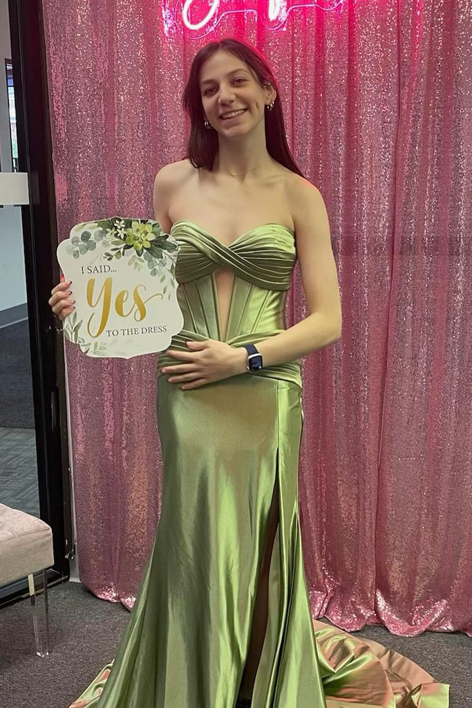 Sage Green Strapless Satin Mermaid Long Prom Dresses MD4012104 Dressmeet Sage Green Strapless Satin Mermaid Long Prom Dresses MD4012104 Dressmeet