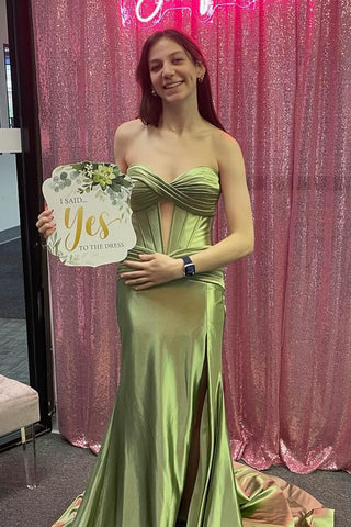 Sage Green Strapless Satin Mermaid Long Prom Dresses MD4012104
